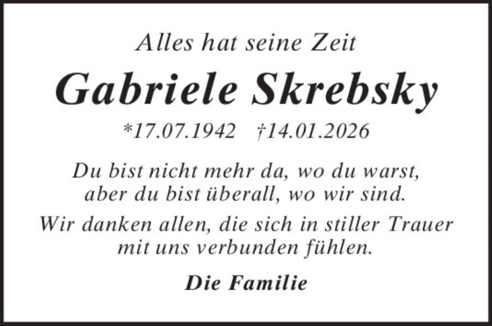  Traueranzeige für Gabriele Skrebsky vom 17.01.2026 aus Mittelbayerische Zeitung Kelheim