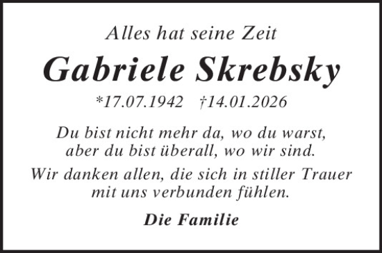 Traueranzeige von Gabriele Skrebsky von Mittelbayerische Zeitung Kelheim
