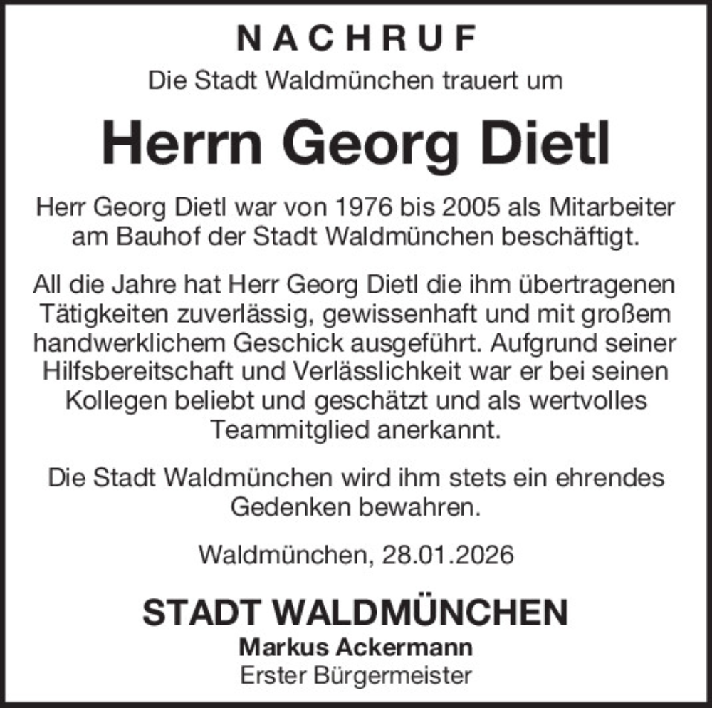  Traueranzeige für Georg Dietl vom 28.01.2026 aus Bayerwald Echo