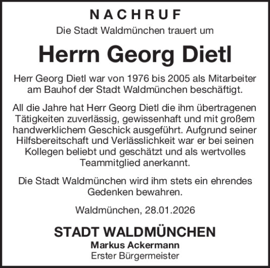Traueranzeige von Georg Dietl von Bayerwald Echo
