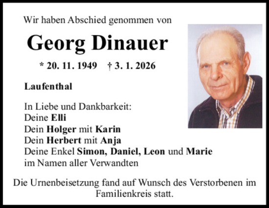 Traueranzeige von Georg Dinauer von Mittelbayerische Zeitung Regensburg