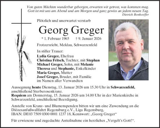 Traueranzeige von Georg Greger von Mittelbayerische Zeitung Schwandorf