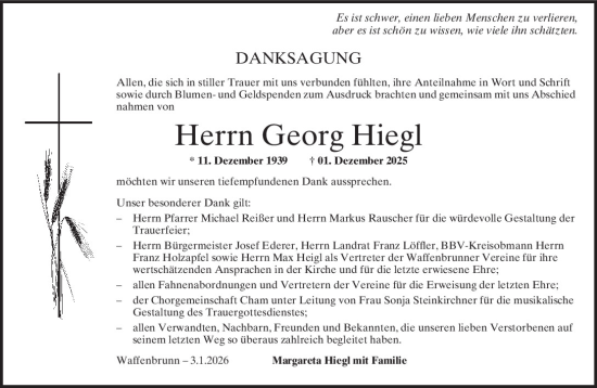 Traueranzeige von Georg Hiegl von Bayerwald Echo