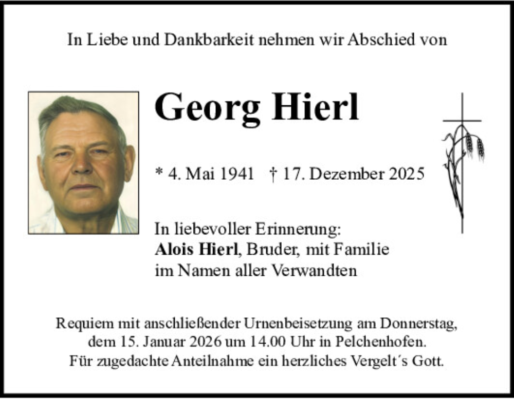  Traueranzeige für Georg Hierl vom 10.01.2026 aus Neumarkter Tagblatt