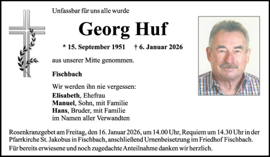 Traueranzeige von Georg Huf von Mittelbayerische Zeitung Schwandorf