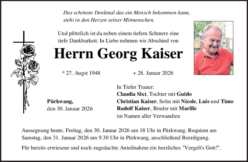  Traueranzeige für Georg Kaiser vom 30.01.2026 aus Mittelbayerische Zeitung Kelheim