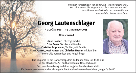 Traueranzeige von Georg Lautenschlager von Mittelbayerische Zeitung Schwandorf