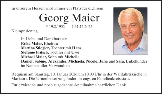 Traueranzeige von Georg Maier von Mittelbayerische Zeitung Regensburg