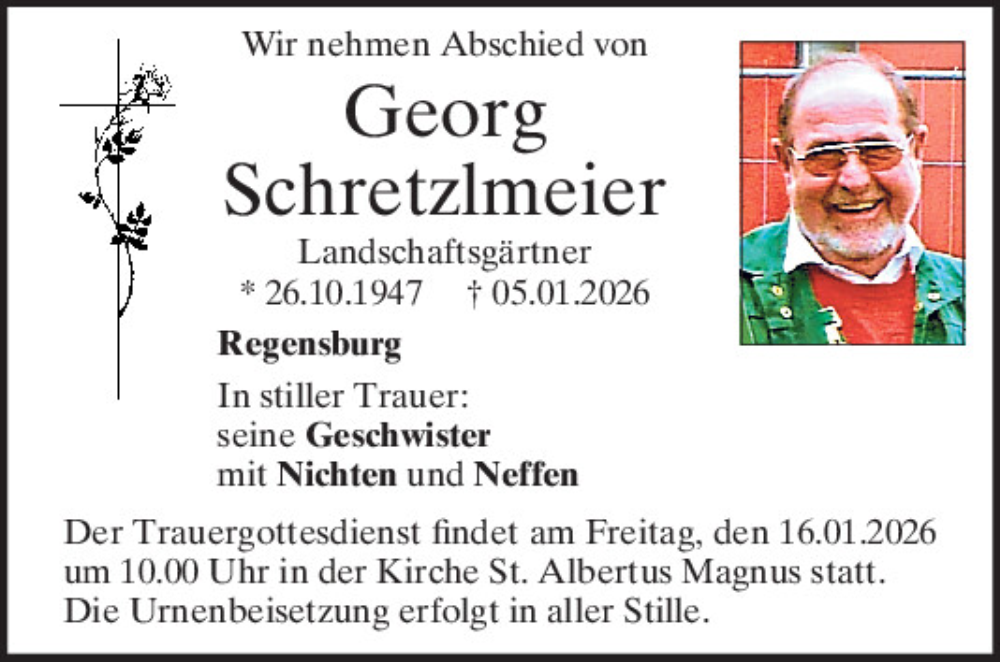 Traueranzeige für Georg Schretzlmeier vom 10.01.2026 aus Mittelbayerische Zeitung Regensburg