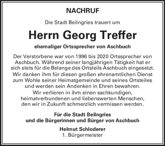 Traueranzeige von Georg Treffer von Neumarkter Tagblatt