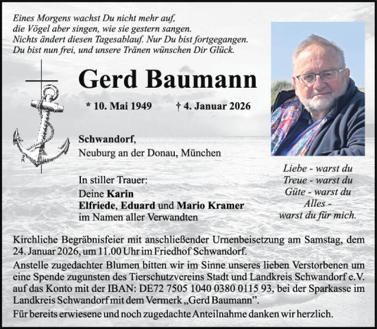 Traueranzeige von Gerd Baumann von Mittelbayerische Zeitung Schwandorf
