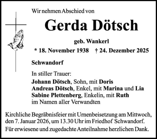 Traueranzeige von Gerda Dötsch von Mittelbayerische Zeitung Schwandorf