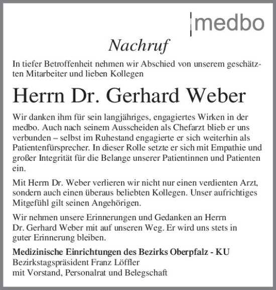 Traueranzeige von Gerhard Weber von Mittelbayerische Zeitung Regensburg