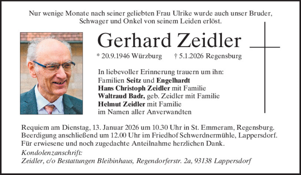  Traueranzeige für Gerhard Zeidler vom 10.01.2026 aus Mittelbayerische Zeitung Regensburg