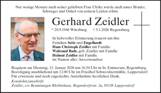Traueranzeige von Gerhard Zeidler von Mittelbayerische Zeitung Regensburg