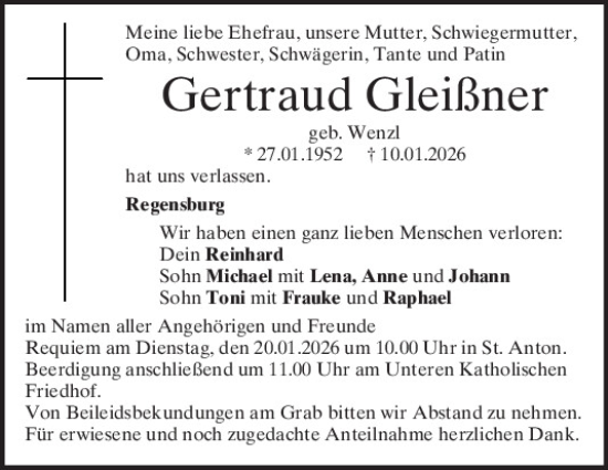 Traueranzeige von Gertraud Gleißner von Mittelbayerische Zeitung Regensburg
