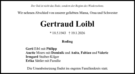 Traueranzeige von Gertraud Loibl von Bayerwald Echo