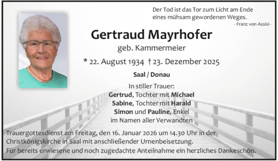 Traueranzeige von Gertraud Mayrhofer von Mittelbayerische Zeitung Kelheim