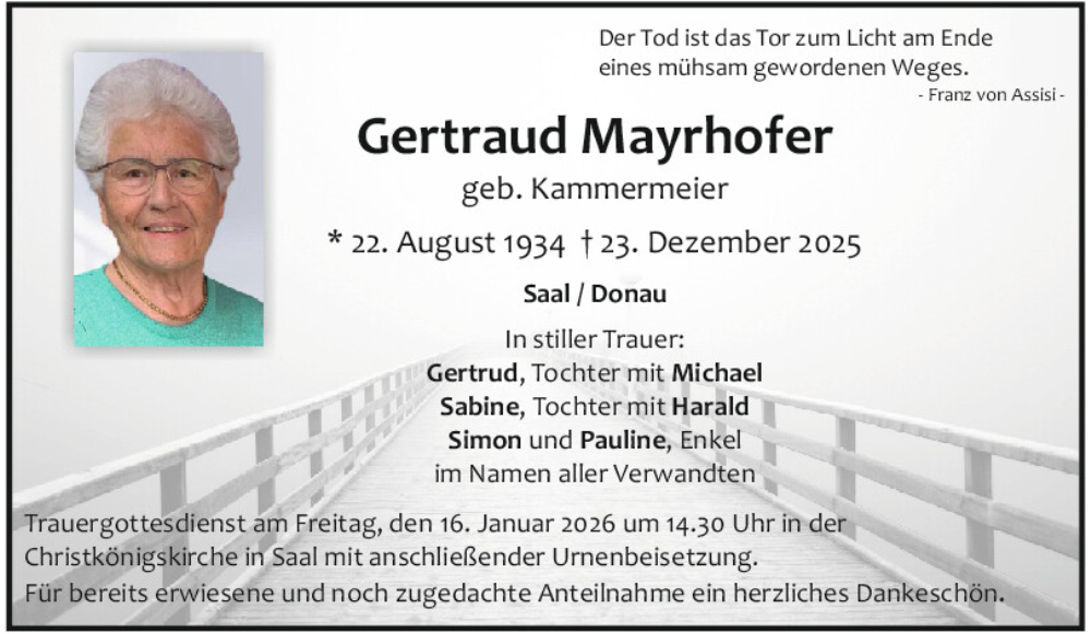  Traueranzeige für Gertraud Mayrhofer vom 10.01.2026 aus Mittelbayerische Zeitung Kelheim