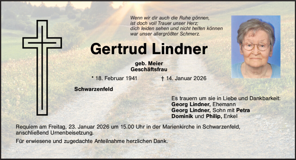  Traueranzeige für Gertrud Lindner vom 21.01.2026 aus Mittelbayerische Zeitung Schwandorf