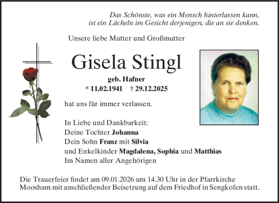 Traueranzeige von Gisela Stingl von Mittelbayerische Zeitung Regensburg