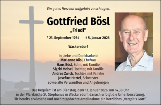 Traueranzeige von Gottfried Bösl von Mittelbayerische Zeitung Schwandorf