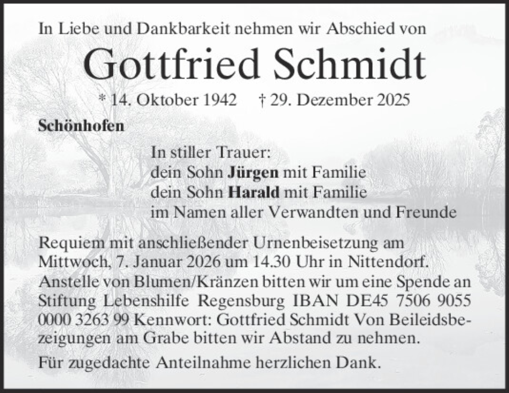  Traueranzeige für Gottfried Schmidt vom 03.01.2026 aus Mittelbayerische Zeitung Regensburg