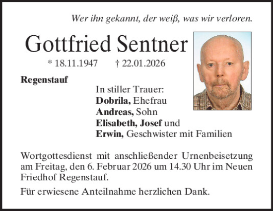 Traueranzeige von Gottfried Sentner von Mittelbayerische Zeitung Regensburg