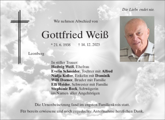 Traueranzeige von Gottfried Weiß von Mittelbayerische Zeitung Schwandorf