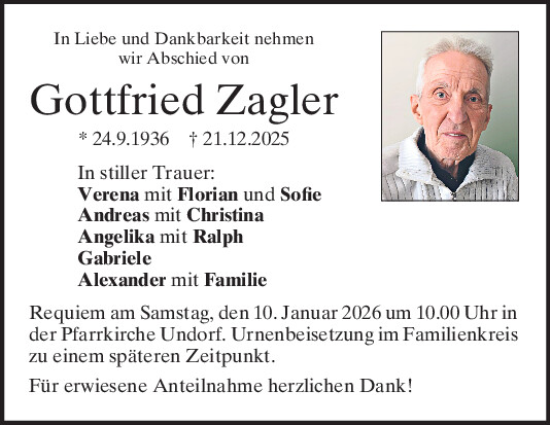 Traueranzeige von Gottfried Zagler von Mittelbayerische Zeitung Regensburg