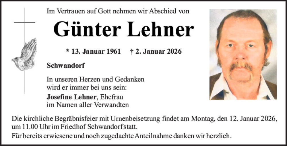  Traueranzeige für Günter Lehner vom 10.01.2026 aus Mittelbayerische Zeitung Schwandorf