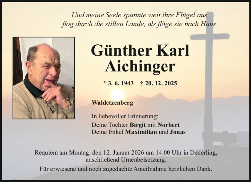  Traueranzeige für Günther Karl Aichinger vom 03.01.2026 aus Mittelbayerische Zeitung Regensburg