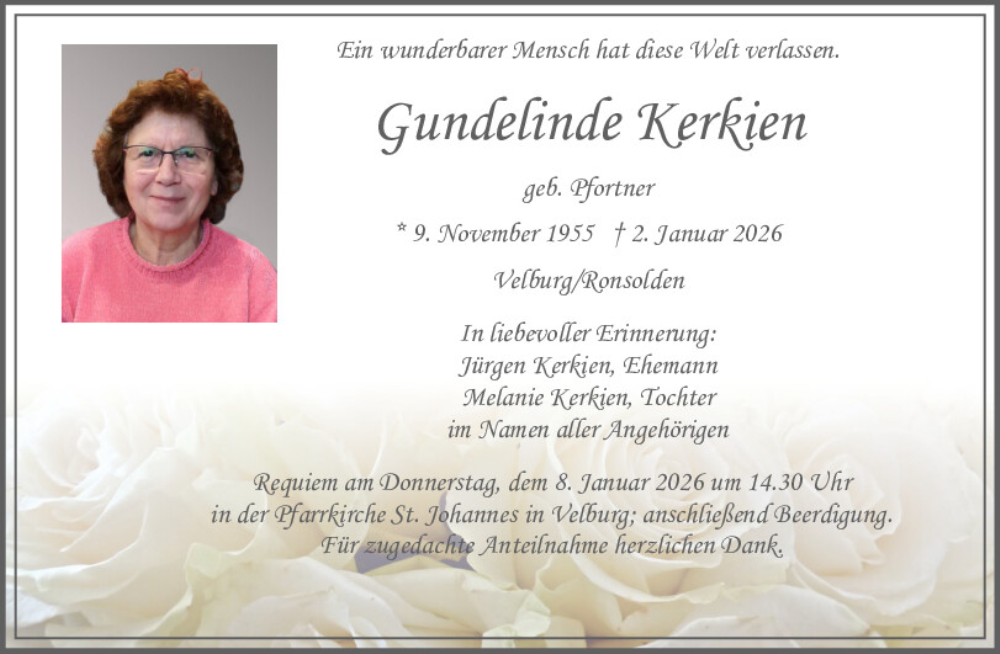  Traueranzeige für Gundelinde Kerkien vom 06.01.2026 aus Neumarkter Tagblatt