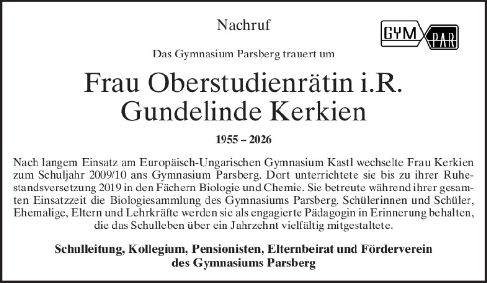  Traueranzeige für Gundelinde Kerkien vom 08.01.2026 aus Neumarkter Tagblatt