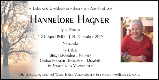 Traueranzeige von Hannelore Hagner von Neumarkter Tagblatt