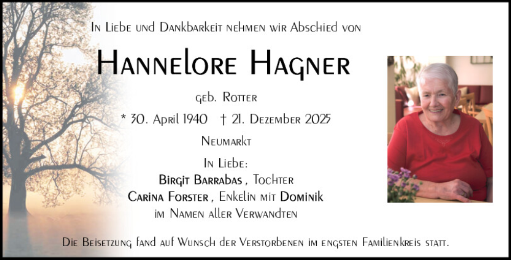  Traueranzeige für Hannelore Hagner vom 24.01.2026 aus Neumarkter Tagblatt