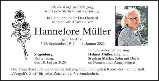 Traueranzeige von Hannelore Müller von Mittelbayerische Zeitung Kelheim