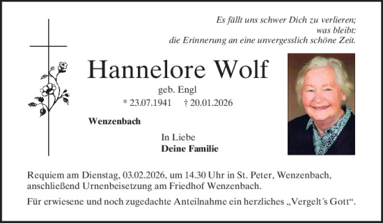 Traueranzeige von Hannelore Wolf von Mittelbayerische Zeitung Regensburg