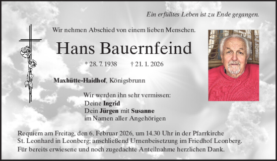 Traueranzeige von Hans Bauernfeind von Mittelbayerische Zeitung Schwandorf