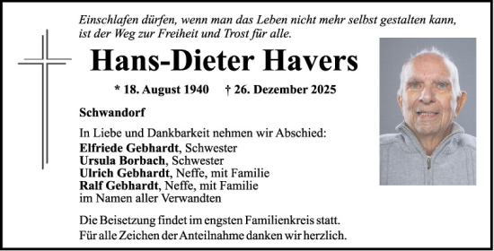Traueranzeige von Hans-Dieter Havers von Mittelbayerische Zeitung Schwandorf