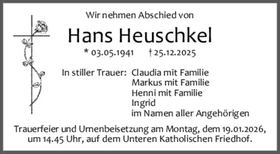 Traueranzeige von Hans Heuschkel von Mittelbayerische Zeitung Regensburg