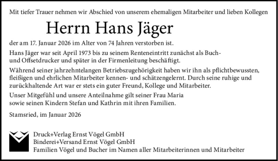 Traueranzeige von Hans Jäger von Bayerwald Echo
