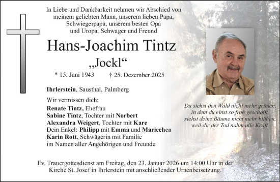Traueranzeige von Hans-Joachim Tintz von Mittelbayerische Zeitung Kelheim
