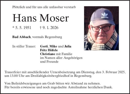 Traueranzeige von Hans Moser von Mittelbayerische Zeitung Regensburg