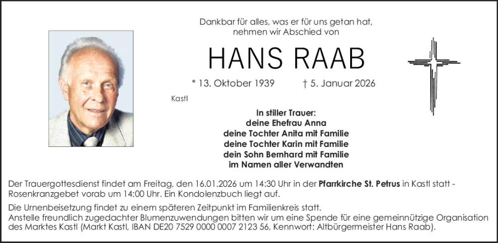  Traueranzeige für Hans Raab vom 14.01.2026 aus Neumarkter Tagblatt