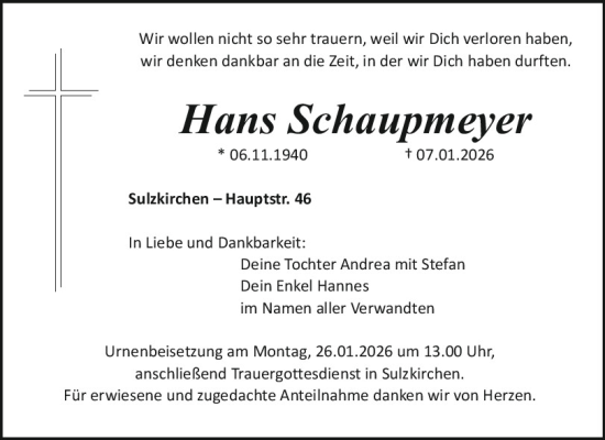 Traueranzeige von Hans Schaupmeyer von Neumarkter Tagblatt