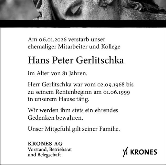 Traueranzeige von Hans Peter Gerlitschka von Mittelbayerische Zeitung Regensburg