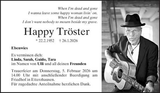 Traueranzeige von Happy Tröster von Mittelbayerische Zeitung Regensburg