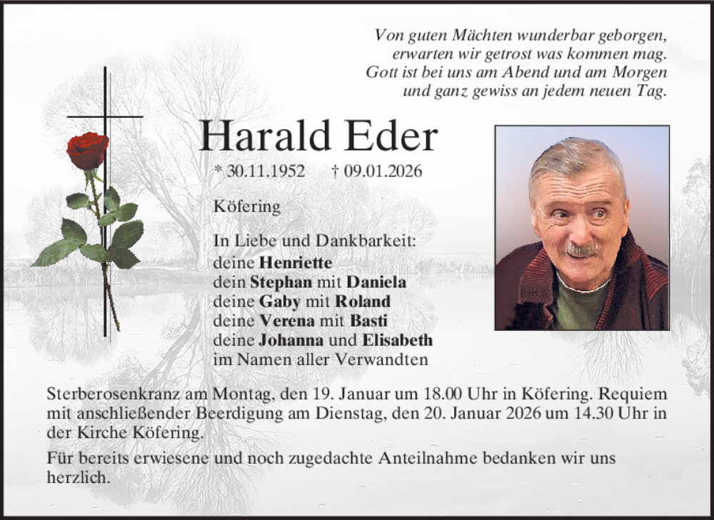  Traueranzeige für Harald Eder vom 17.01.2026 aus Mittelbayerische Zeitung Regensburg