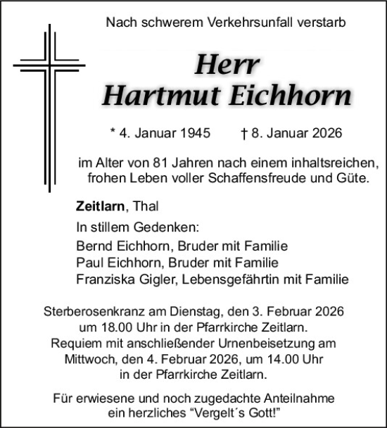 Traueranzeige von Hartmut Eichhorn von Mittelbayerische Zeitung Regensburg